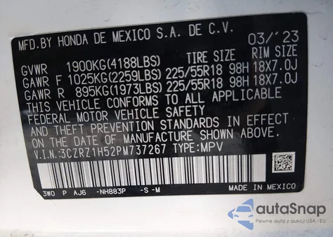 2023 Honda Hr-V 2Wd Sport из США, поврежденный, VIN 3CZRZ1H52PM737267